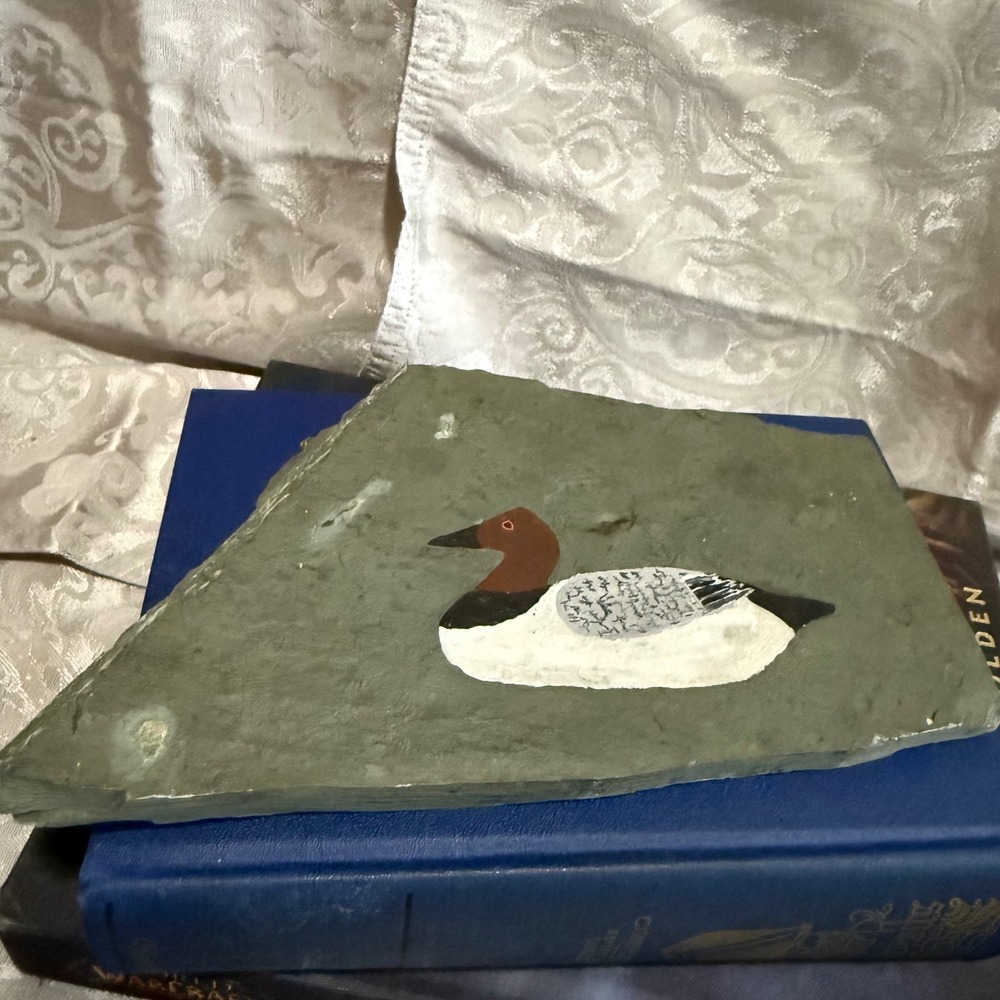 Vintage 75' Hand Painted Canvasback Duck Slate Stone‎ Signed Folk wall Art Decor